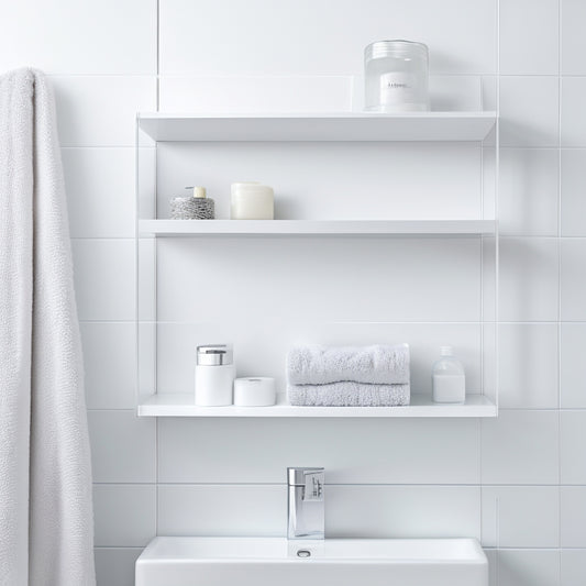 A minimalist white bathroom with a wall-mounted shelf featuring three rectangular glass shelves, chrome brackets, and a few rolled towels, against a soft gray background.