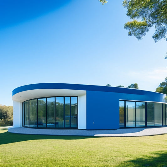 A modern, sleek, and minimalist home exterior with a subtle, curved roofline, featuring Elta Ireland's ventilation solutions integrated seamlessly, with a bright blue sky and lush greenery in the background.