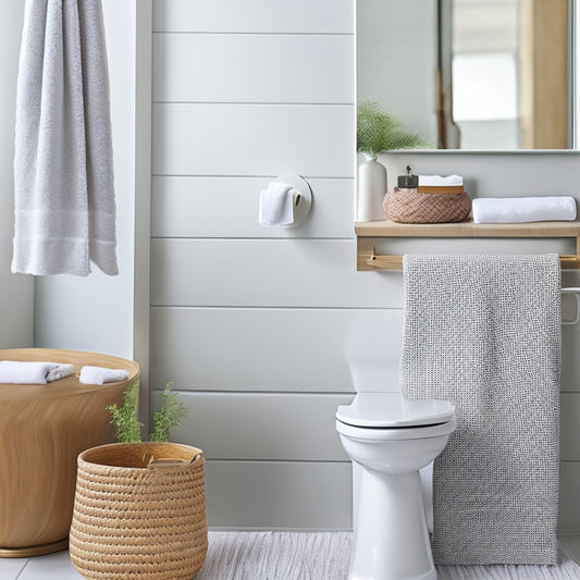 A serene, modern bathroom with a bamboo towel rack, woven storage basket, and matching toilet paper holder, set against a calming, light-gray background with subtle wooden accents.