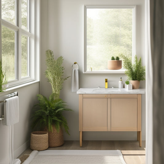 A serene, minimalist bathroom with a sleek, wall-mounted vanity featuring a compact basket drawer with woven reeds and a soft-close mechanism, surrounded by calming greenery and natural light.