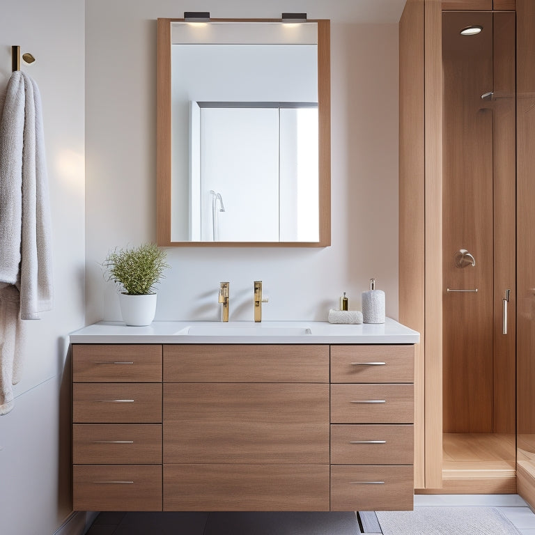 A modern bathroom with a wall-mounted vanity cabinet in a light wood tone, surrounded by sleek fixtures, soft lighting, and a subtle background pattern, highlighting the cabinet's clean lines and minimalist design.