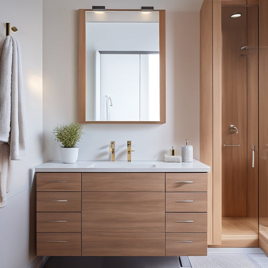 A modern bathroom with a wall-mounted vanity cabinet in a light wood tone, surrounded by sleek fixtures, soft lighting, and a subtle background pattern, highlighting the cabinet's clean lines and minimalist design.