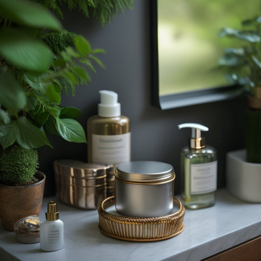 A beautifully styled bathroom countertop featuring a repurposed tin container transformed into a sleek bathroom organizer, holding toiletries and cosmetics, surrounded by lush greenery and soft, warm lighting.