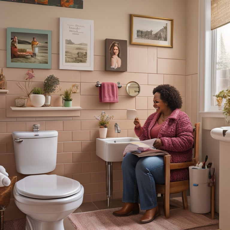 A warm and inviting bathroom scene with a smiling individual with IDD sitting on a toilet, surrounded by colorful visual aids and rewards on the wall, with a proud caregiver standing nearby offering support.