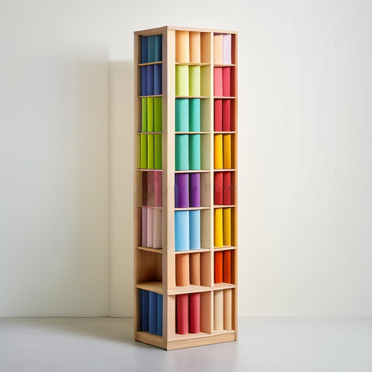 A tall, wooden, wall-mounted storage unit with 12-15 narrow, evenly spaced slots, each holding a colorful paper roll, surrounded by a few scattered paper scraps and a pencil on a minimalist white background.