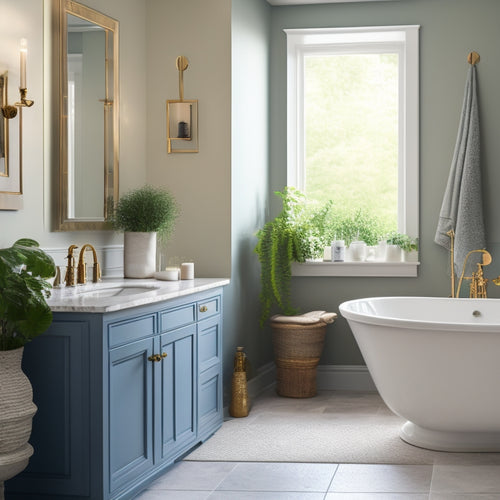 A serene bathroom scene with soft, creamy whites, calming blues, and warm beige tones, featuring a freestanding tub, lush greenery, and a minimalist, natural stone vanity.