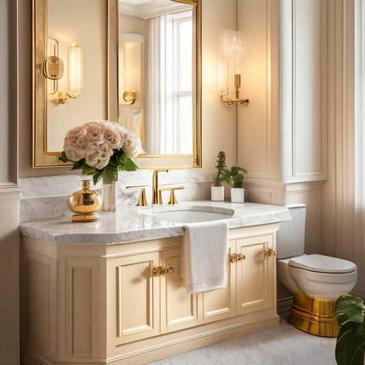 A luxurious bathroom with a sleek, wall-mounted vanity featuring a rounded, vessel sink and a polished chrome faucet, set against a backdrop of creamy marble and soft, warm lighting.