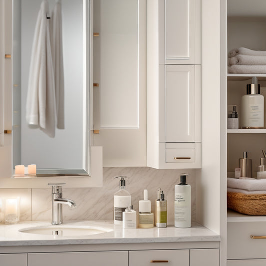 A tidy, modern bathroom cabinet with adjustable dividers separating toiletries, cosmetics, and linens, surrounded by soft, warm lighting, and a subtle marble countertop in the background.
