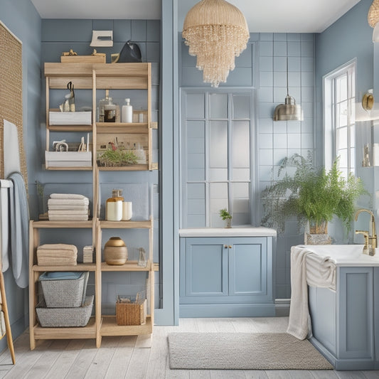 A stylized illustration of a modern bathroom with soaring high ceilings, showcasing a floor-to-ceiling storage cabinet, a ladder or step stool, and a few decorative baskets and bins, all in a calming color palette.