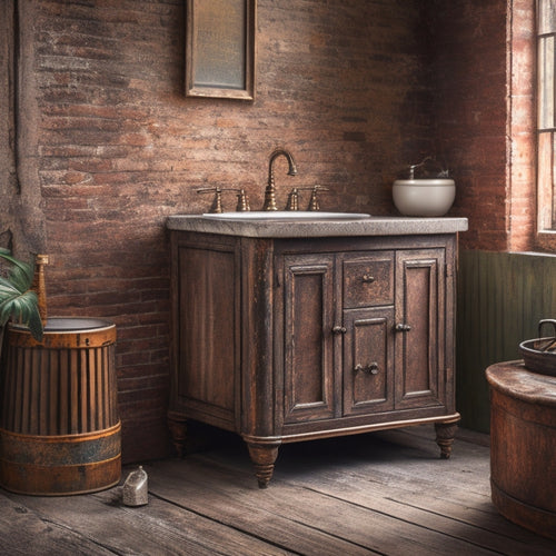 Generate an image of a distressed metal bathroom cabinet with ornate vintage faucets, exposed brick background, industrial-style lighting, and a worn wooden floor with scattered tools and metal scraps.