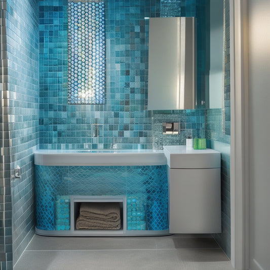 A sleek, modern bathroom with a curved wall-mounted cabinet featuring LED-lit, transparent glass shelves, surrounded by a mosaic of small, iridescent tiles in shades of blue and green.