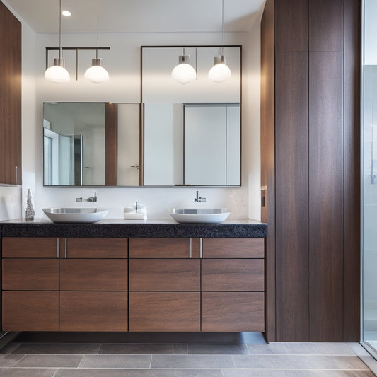 A modern bathroom with polished chrome fixtures, gleaming white countertops, and a sleek, floor-to-ceiling cabinet in a rich, dark wood tone, adorned with minimalist hardware and subtle LED lighting.