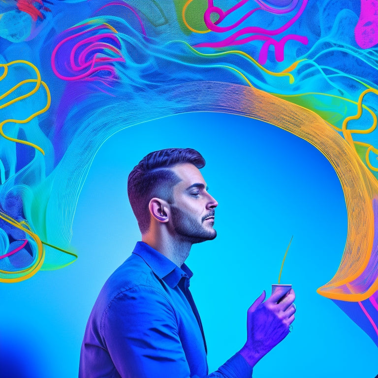 An illustration of a person surrounded by colorful, swirling mind maps, with arrows and lines connecting ideas, set against a bright, gradient blue background, conveying creativity and mental clarity.
