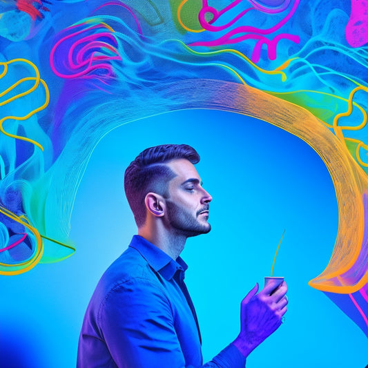 An illustration of a person surrounded by colorful, swirling mind maps, with arrows and lines connecting ideas, set against a bright, gradient blue background, conveying creativity and mental clarity.