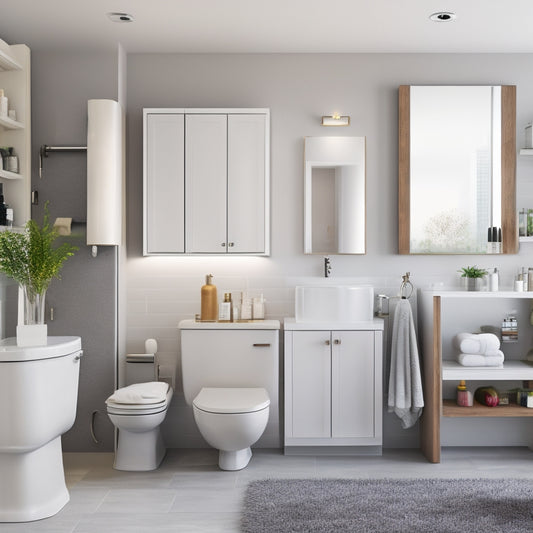 A modern bathroom with a sleek, white toilet, surrounded by three differently styled wall cabinets in varying materials and finishes, with towels, toiletries, and decorative items neatly organized inside.