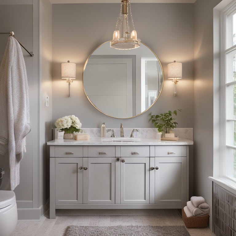 A serene bathroom with soft, warm lighting, featuring a wall-mounted vanity with three drawers of varying sizes, adorned with sleek, silver hardware and a large, circular mirror above.