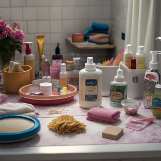 A cluttered bathroom countertop with scattered toiletries, tangled hair accessories, and a mess of skincare products, surrounded by dirty towels and a trash can overflowing with used tissues.