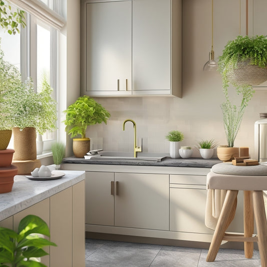 A serene, modern kitchen with a clutter-free countertop, featuring a few, strategically-placed decorative items, such as a small potted plant, a vase, and a sculptural utensil holder, amidst a backdrop of neutral tones.