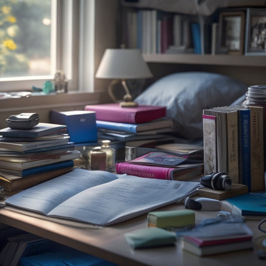 A cluttered dorm room shelf, overflowing with textbooks, crumpled papers, and tangled earbuds, with a single, forgotten alarm clock buried beneath the chaos, surrounded by dim morning light.