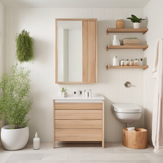 A sleek, minimalist bathroom featuring elegant wall-mounted storage units made of natural wood and glossy white finishes, organized with stylish toiletries, plants, and decorative items against a soft, neutral-colored wall.