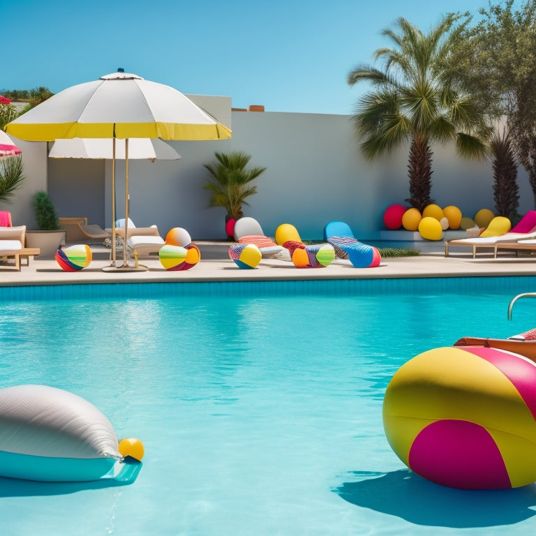A serene poolside scene with a sleek, modern Vero Pool Side Organizer in the center, surrounded by lounging pool floats, colorful beach balls, and refreshing drinks with umbrellas.