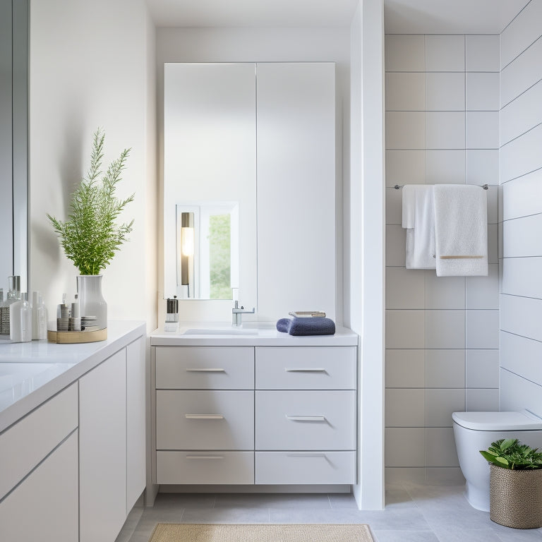 A sleek, modern bathroom featuring a tall, white space-saving cabinet with multiple shelves, neatly organized toiletries, a minimalist mirror above, and soft ambient lighting, all set against a calming neutral tile backdrop.