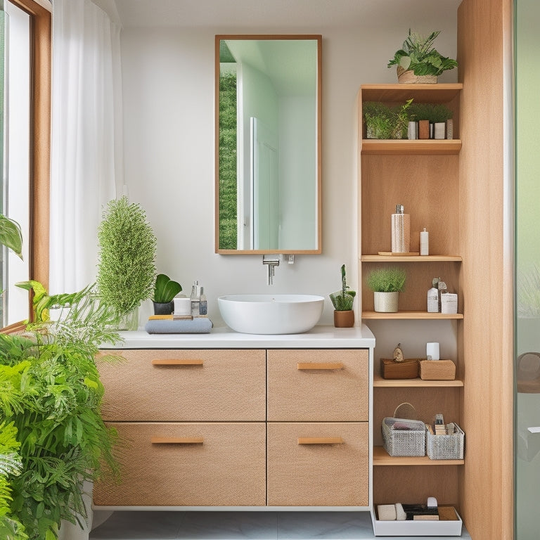 A compact bathroom featuring vertical shelves, under-sink drawers, and hanging organizers. Stylish baskets hold toiletries, and a mirrored cabinet reflects light, enhancing space. Natural wood accents and plants add warmth to the minimalist design.