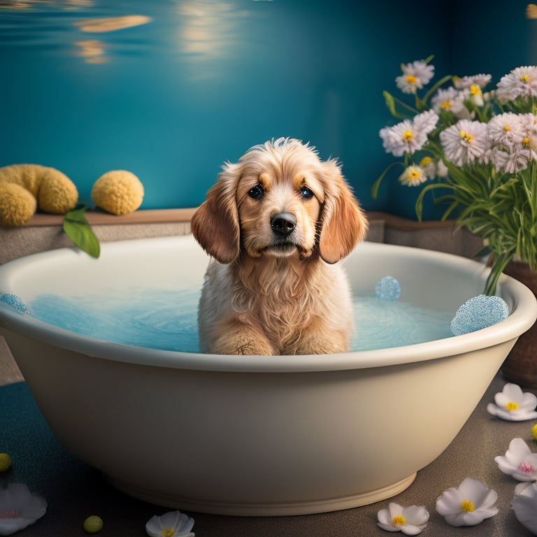 A calming illustration of a dog standing in a bathtub, surrounded by gentle water ripples, with a soft toy and a few floating flowers, under a warm, comforting light.