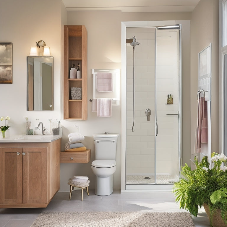 A serene, well-lit bathroom with a walk-in shower, grab bars, and a wall-mounted seat; a nearby storage cabinet with easy-grip handles and a slide-out shelf for accessible toiletries.