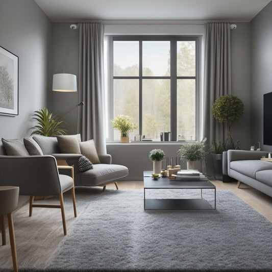 A modern, sleek, and minimalist living room with a large window, gray walls, and a plush area rug, featuring a 3D room planner interface on a laptop screen in the foreground.