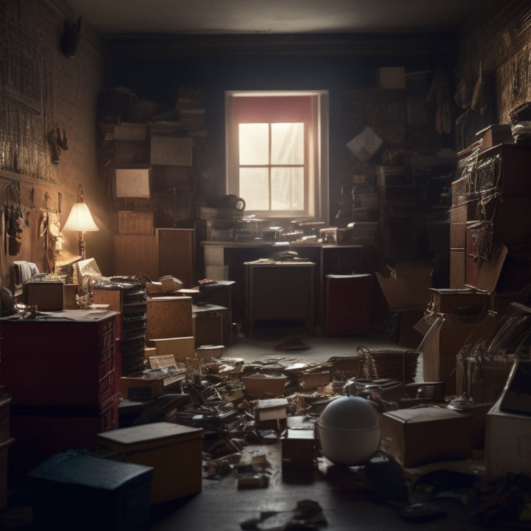 A dimly lit, cluttered room with piles of dusty boxes, tangled cords, and forgotten trinkets, with a single, open door in the background, beckoning towards a bright, organized space.