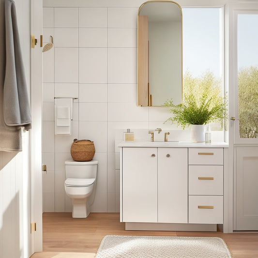 A serene, minimalist bathroom with a wall-mounted, sliding-door cabinet in crisp white, a compact, pedestal sink, and a woven storage basket tucked beneath, surrounded by soft, natural light.