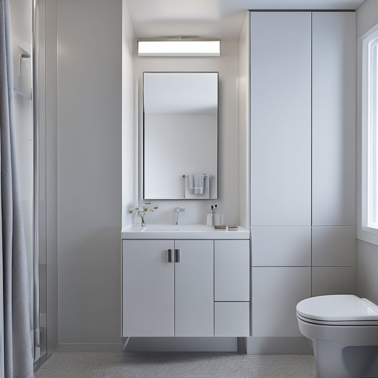 A modern, sleek bathroom with a small footprint, featuring a compact white wall cabinet with a mirrored door, soft LED lighting, and a minimalist sink, surrounded by calming gray and white tones.