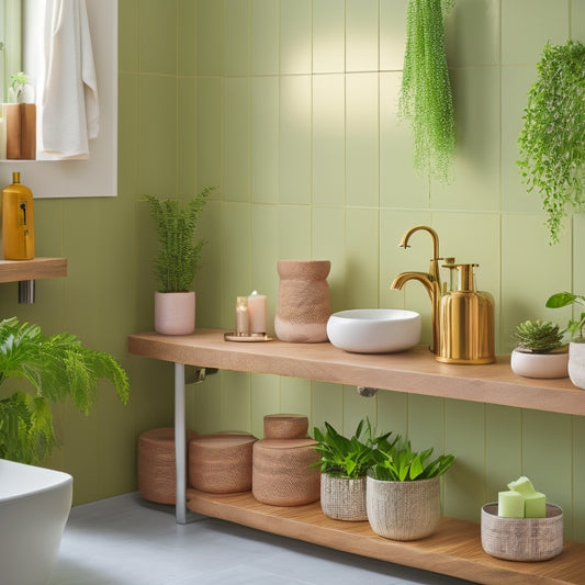 A stylish bathroom featuring elegant wall-mounted wooden shelves adorned with lush green plants, colorful ceramic vases, scented candles, and neatly folded towels, all against a soft, soothing pastel backdrop and warm ambient lighting.