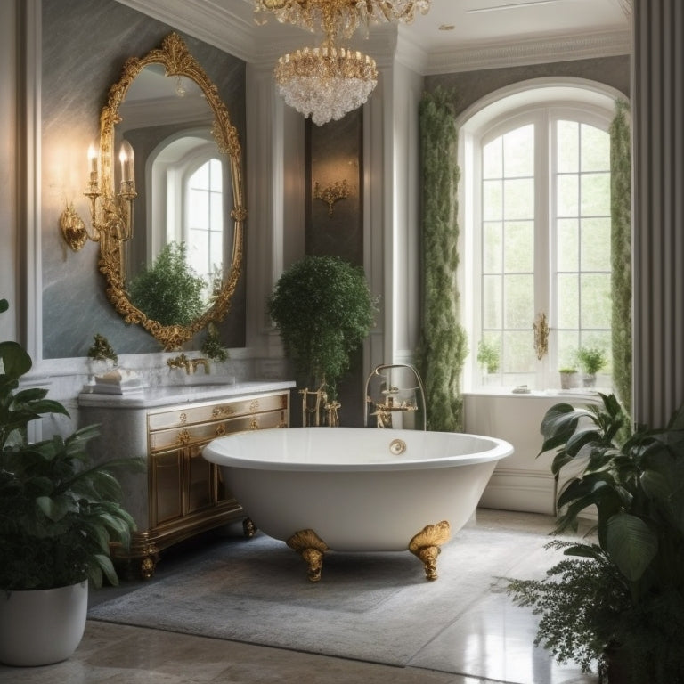 A serene, well-lit bathroom with a freestanding tub, surrounded by marble flooring, and adorned with lush greenery, soft golden lighting, and a statement chandelier above a large, ornate mirror.