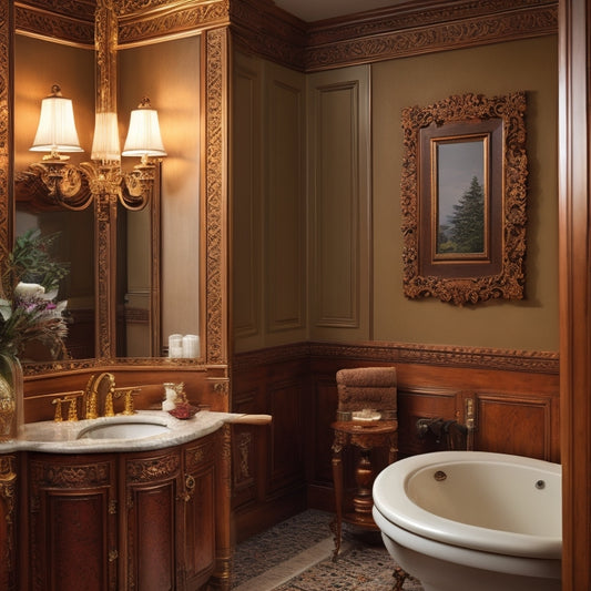 A warm, creamy-lit traditional bathroom with ornate mirror, featuring a rich wood wall-mounted medicine cabinet with crown molding, decorative carvings, and soft-close doors, surrounded by elegant fixtures.