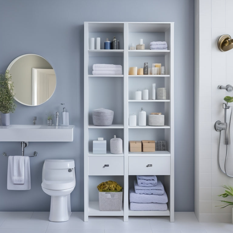 A serene, modern bathroom with a large, wall-mounted white shelving unit featuring five open shelves of varying depths, holding toiletries, towels, and decorative accents, against a soft gray background.