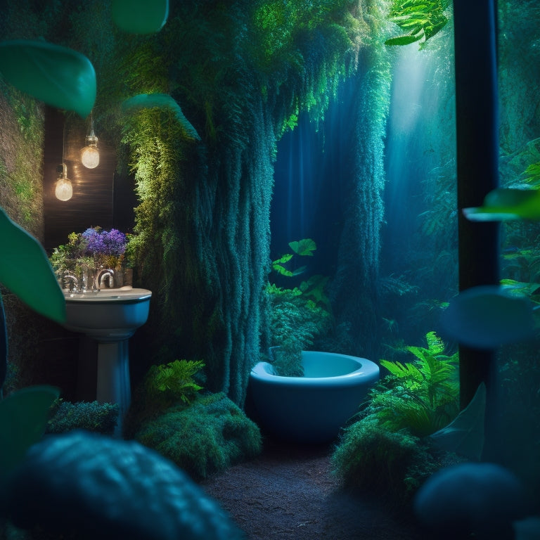 A dimly lit dorm bathroom transformed into Pandora's lush forest, with glowing bioluminescent mushrooms, vines crawling up the walls, and a shower curtain featuring a majestic ikran soaring through the clouds.