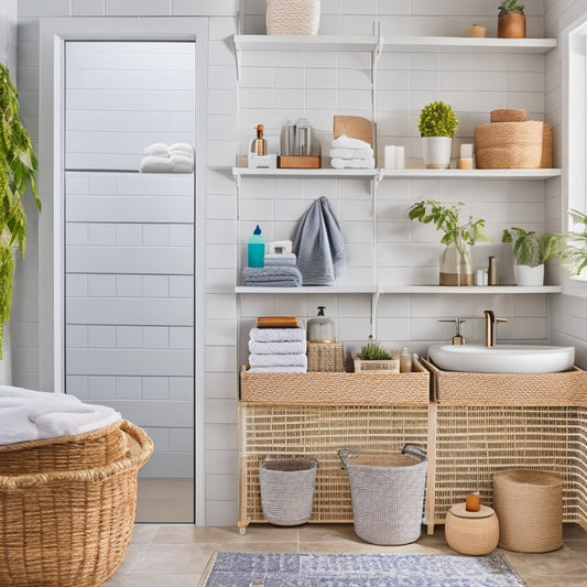 A bright, modern bathroom with a mix of open shelving, woven baskets, and repurposed containers, showcasing creative storage solutions for a clutter-free, rental-friendly space.