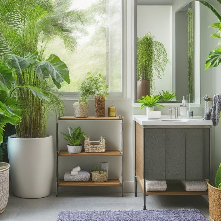 A sleek, modern bathroom with stylish waterproof storage solutions, featuring colorful baskets and clear bins organized on open shelves, surrounded by tropical plants, and water-resistant decor, all illuminated by natural light.