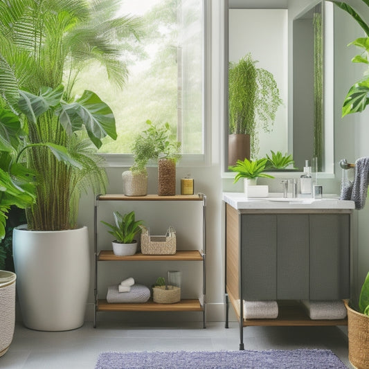 A sleek, modern bathroom with stylish waterproof storage solutions, featuring colorful baskets and clear bins organized on open shelves, surrounded by tropical plants, and water-resistant decor, all illuminated by natural light.