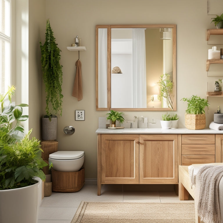 A serene bathroom with cream-colored walls, featuring a DIY shelving unit with three drawers in a natural wood tone, adorned with potted plants and candles, surrounded by soft, warm lighting.