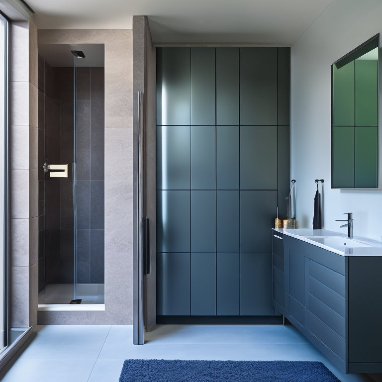 A sleek, modern bathroom featuring a wall-mounted, matte-black cabinet with minimalist handles, paired with a freestanding tub and a floor-to-ceiling, frameless glass shower enclosure.