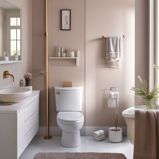 A modern bathroom with a sleek toilet, adjacent to a wall-mounted shelf featuring a decorative vase, rolled towels, and a few luxury toiletries, surrounded by calming beige and white tones.