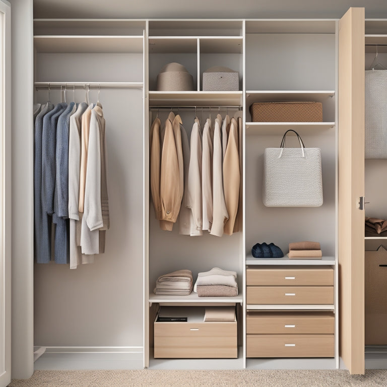 A minimalist, modern closet with sliding doors, packed with neatly organized clothing and accessories, featuring a shoe rack, hanging organizers, and a few clever storage solutions in a calming, neutral color scheme.