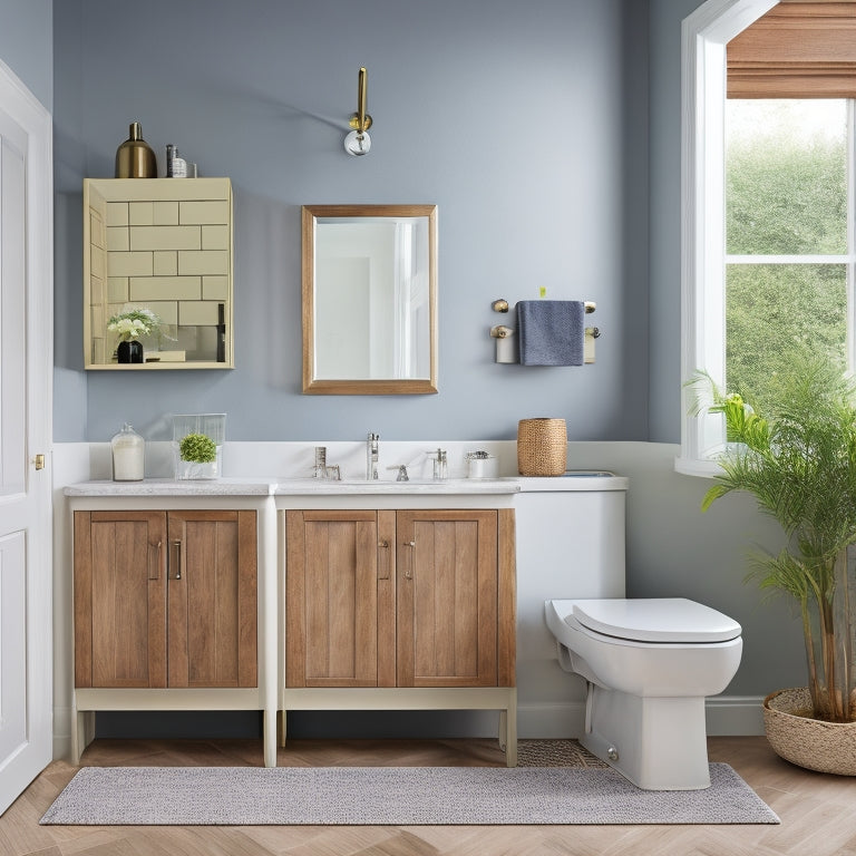 A modern bathroom with a sleek, wall-mounted pedestal sink vanity unit featuring a recessed cabinet with soft-close drawers, a decorative mirror above, and a freestanding storage tower beside.