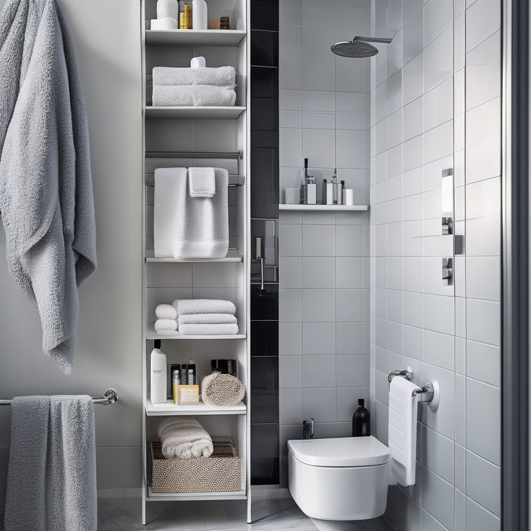 A sleek, modern bathroom featuring a wall-mounted shower caddy filled with neatly organized toiletries. The caddy is positioned in a compact shower space, showcasing efficient use of vertical storage with elegant tile accents.