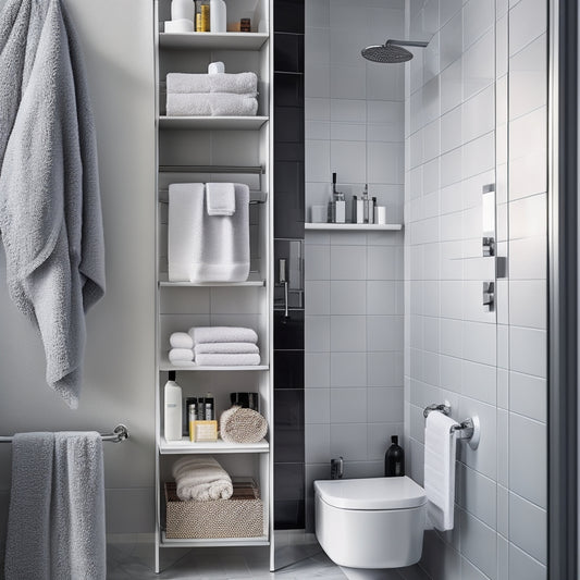 A sleek, modern bathroom featuring a wall-mounted shower caddy filled with neatly organized toiletries. The caddy is positioned in a compact shower space, showcasing efficient use of vertical storage with elegant tile accents.