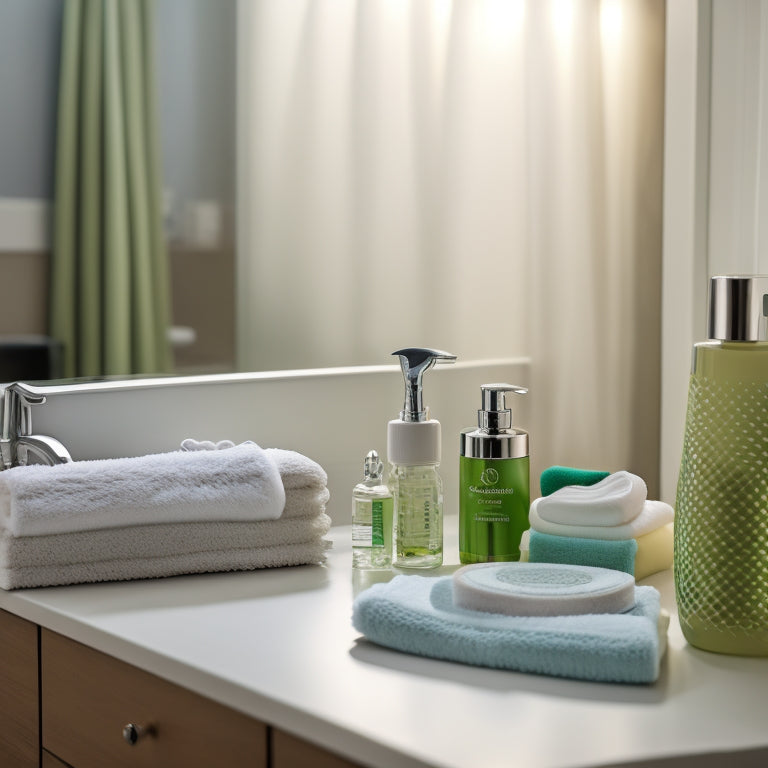 A clean and organized bathroom with a checklist on a mirror, toilet paper roll, soap dispenser, and toothbrush holder, all marked with green checkmarks, surrounded by a few toiletries and a towel.