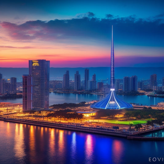 A futuristic cityscape of Libreville, Gabon at dusk, with sleek skyscrapers and neon lights reflecting off the water, featuring a prominent, modern building with Eyolvi's logo on the rooftop.